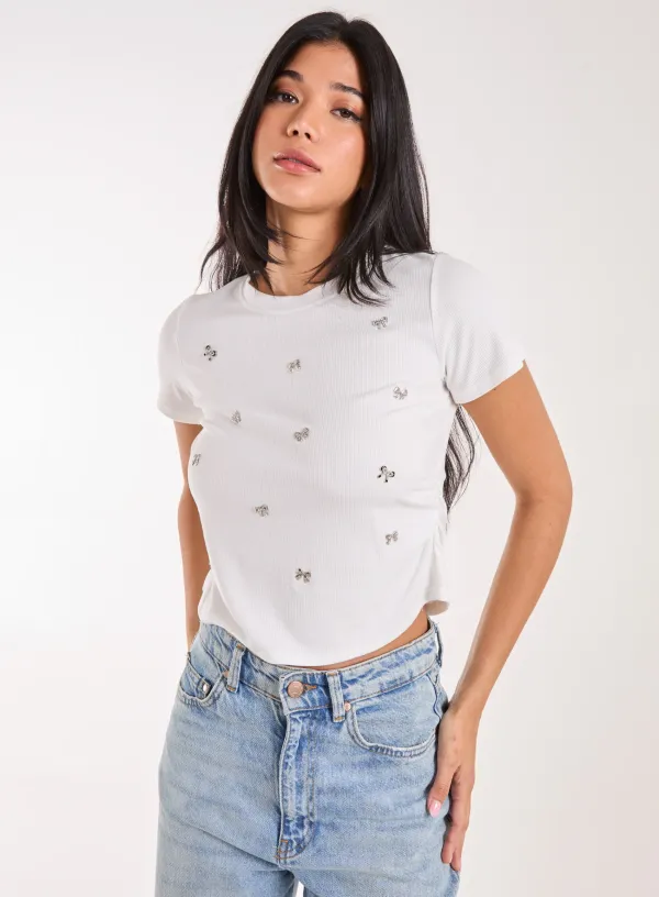 Bow Embellished T-Shirt - M/L - IVORY