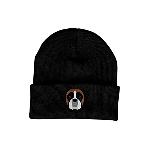 Boxer Beanie Hat - Dog Lovers Gifts for Women - Winter Hats for Women - Knitted Wooly Ladies Hats - Dog Walking Accessories - Embroidered Gifts for Dog Lovers Black
