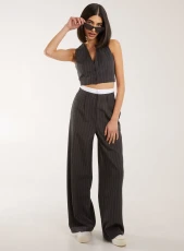 Boxer Style Waist Pinstripe Trousers  - 14  - CHARCOAL