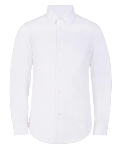 Boys' Long Sleeve Slim Fit Dress Shirt, Style with Buttoned Cuffs & Shirttail Hem, White