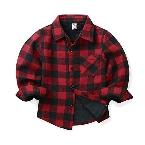 Boys' & Men's Fur-Lined Plaid Flannel Shirt Long Sleeve Warm Top Jacket Family Matching, Red Black, 