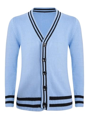 Boys School Uniform Cardiganer Sweater Striped V-Neck Classic Button Down Thick Shawl Coller with Pockets Light Blue 13-14 Years
