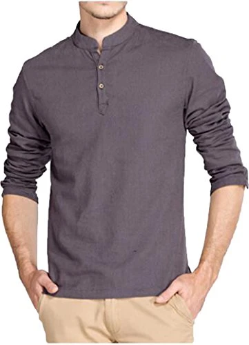 Brand Men Casual Long Sleeve Linen Shirts Beach Shirts Darkgrey Large