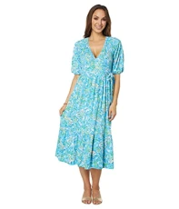 Brantley Midi Wrap Dress for Women - 100% Cotton, V-Neckline, and Allover Floral Pattern with Tiered Skirt, Cumulus Blue Chick Magnet, XS