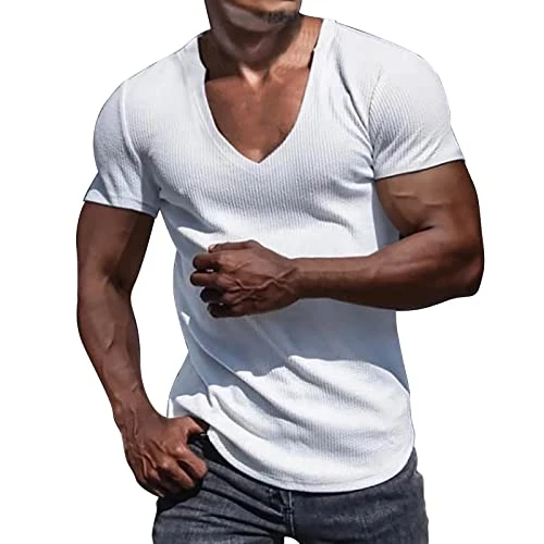 Breathable Knitted T-Shirt for Men Short Sleeve Slim Fashion Summer V Neck Short Sleeve Deals Men's 