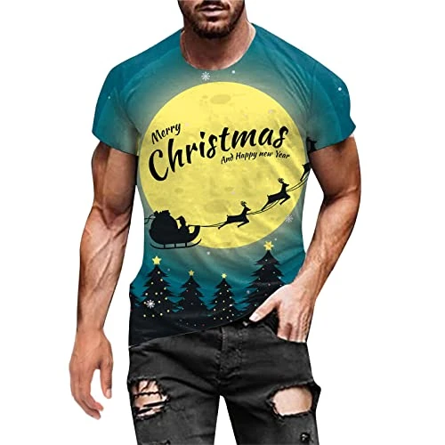 Breathable Sport T-Shirt Men Autumn Winter Casual Short Sleeve Christmas 3D Printed T-shirts Fashion Top Blouse T-Shirts Men's Breathable, green, L