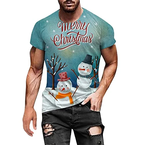 Breathable Sport T-Shirt Men Autumn Winter Casual Short Sleeve Christmas 3D Printed T-shirts Fashion Top Blouse T-Shirts Men's Breathable, blue, XXL