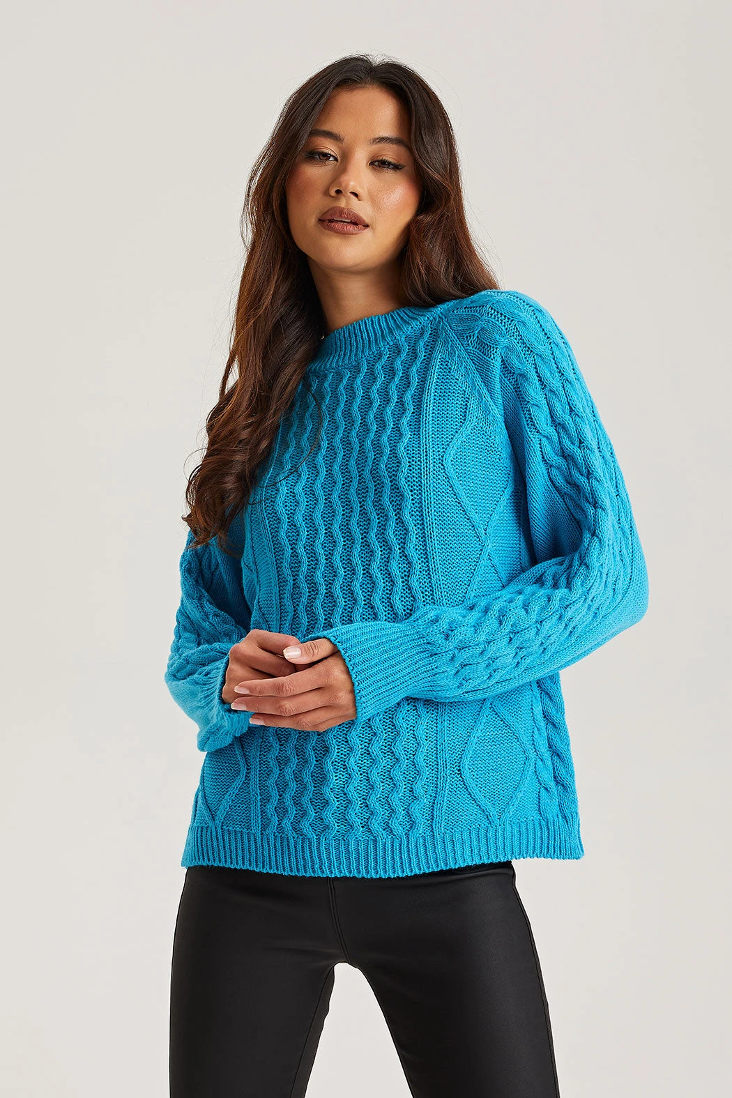 Bright Blue Crew Neck Cable Jumper /