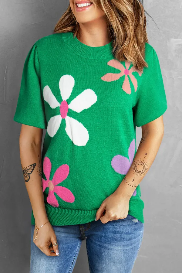Bright Green Floral Bubble Short Sleeve Sweater - BRIGHT GREEN / / %VISCOSE+%POLYESTER+%POLYAMIDE - BRIGHT GREEN