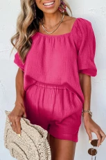 Bright Pink Crinkled Textured Square Neck Puff Sleeve and Shorts Set - BRIGHT PINK / / 100%COTTON