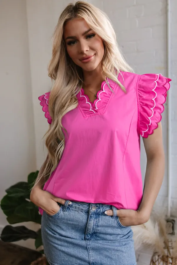 Bright Pink Scallop Trim Short Sleeve V Neck Top - Bright Pink / / 100%Cotton - Bright Pink