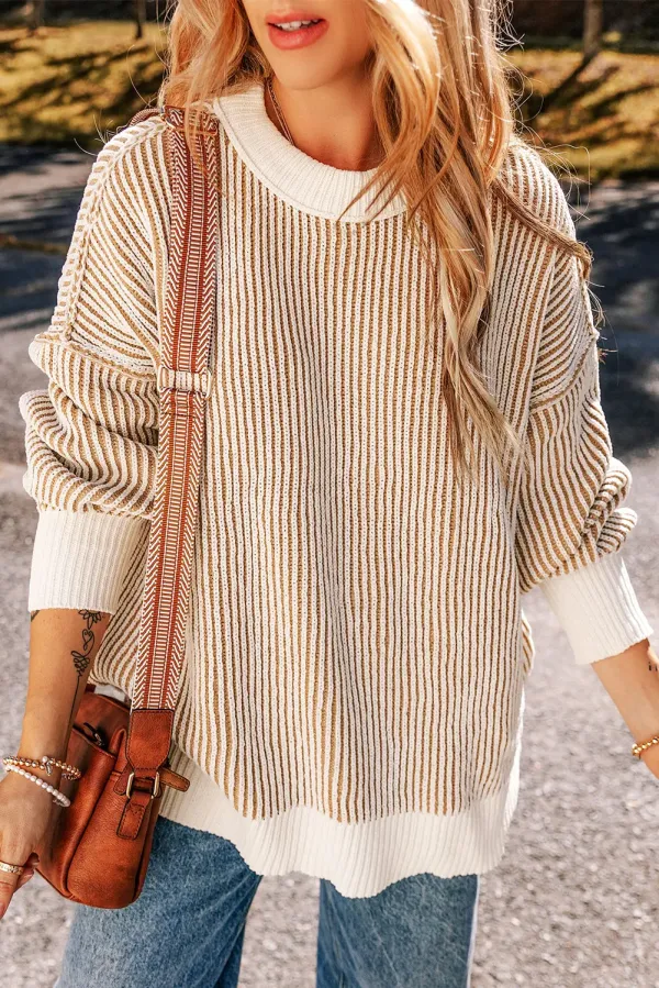 Bright Pink Striped Textured Knit Contrast Edge Loose Sweater - CHESTNUT / / 100%POLYESTER - CHESTNUT