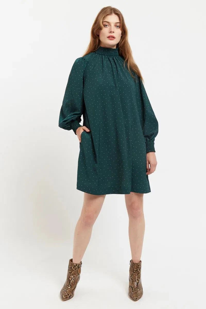 Brigitta Micro Dot Throw On Smock Dress in Green