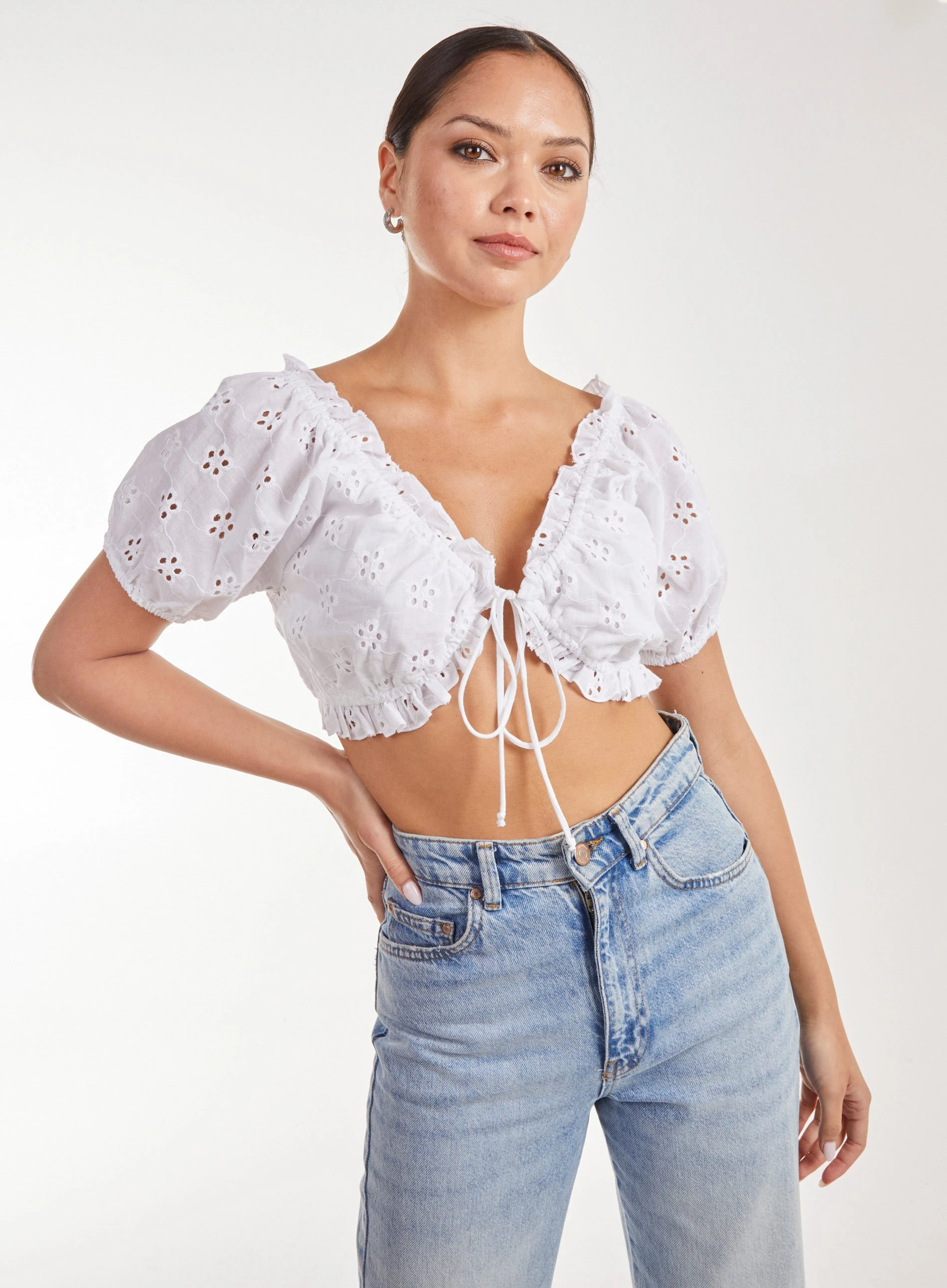 Broderie Puff Sleeve Tie Top IVORY