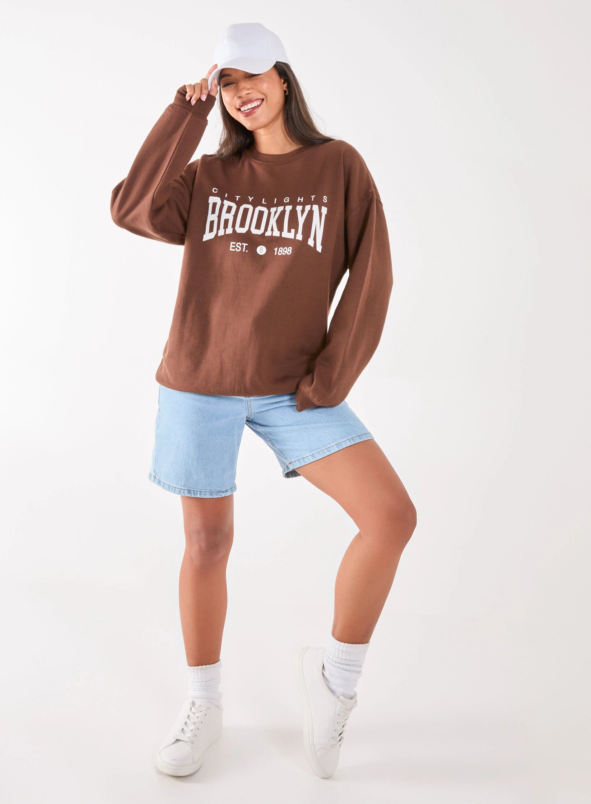 Brooklyn Slogan Oversized Sweater Chocolate