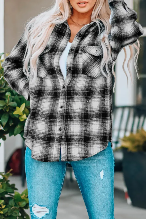 Brown Buttons Pocketed Plaid Shacket - BLACK / / 95%POLYESTER+%ELASTANE - BLACK