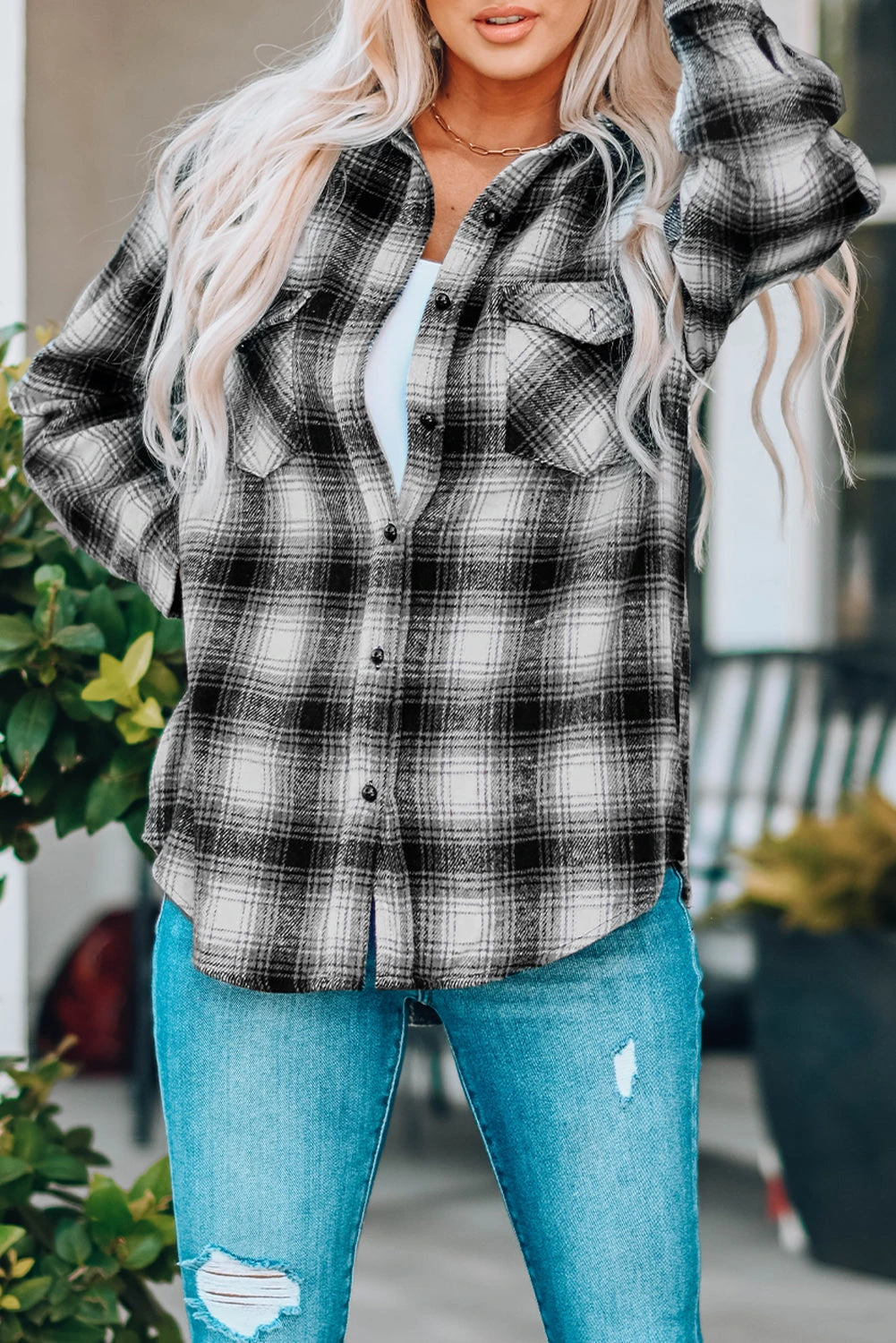 Brown Buttons Pocketed Plaid Shacket - BLACK / / 95%POLYESTER+%ELASTANE