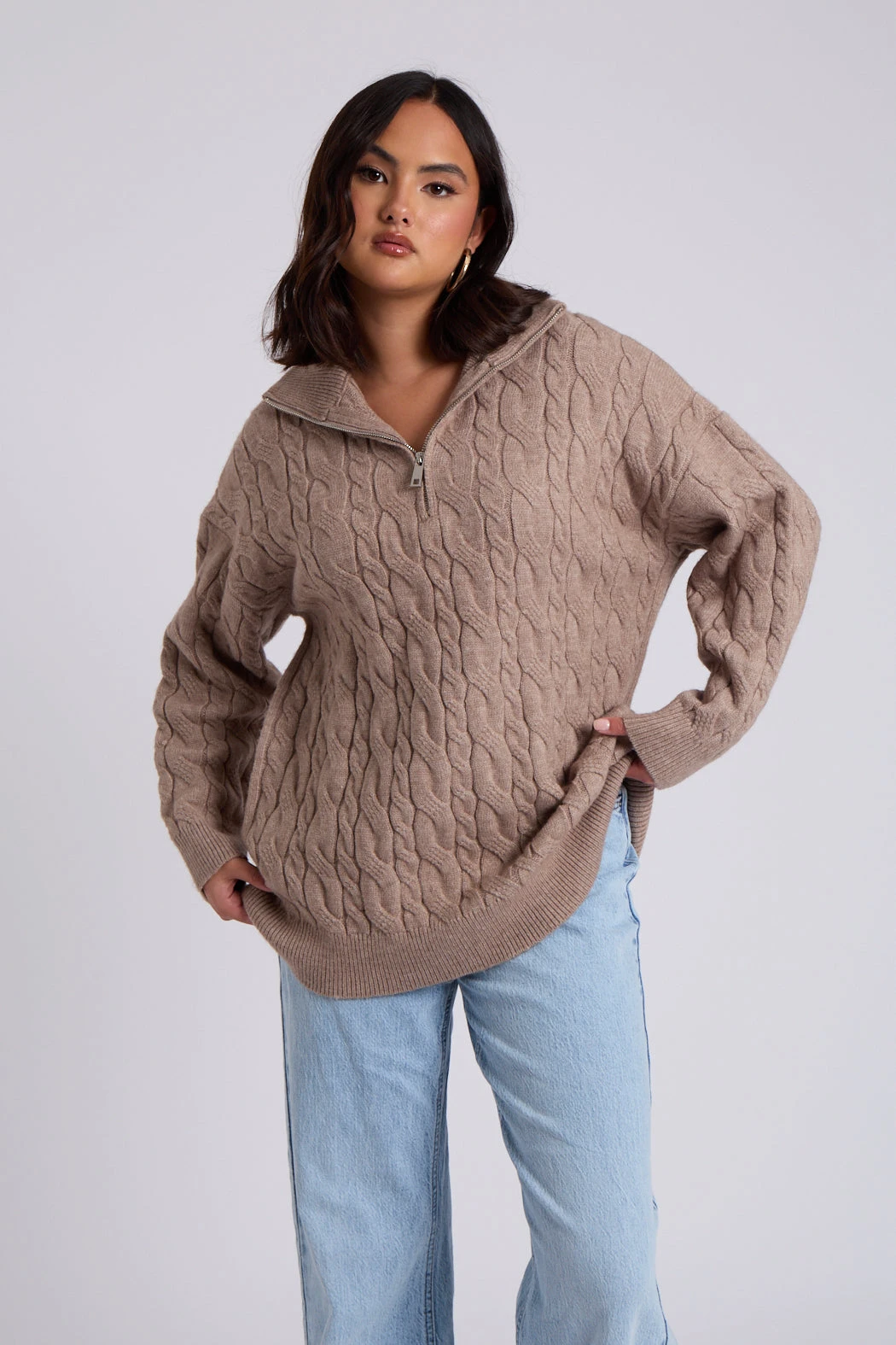 Brown Cable Zip Neck Jumper White /