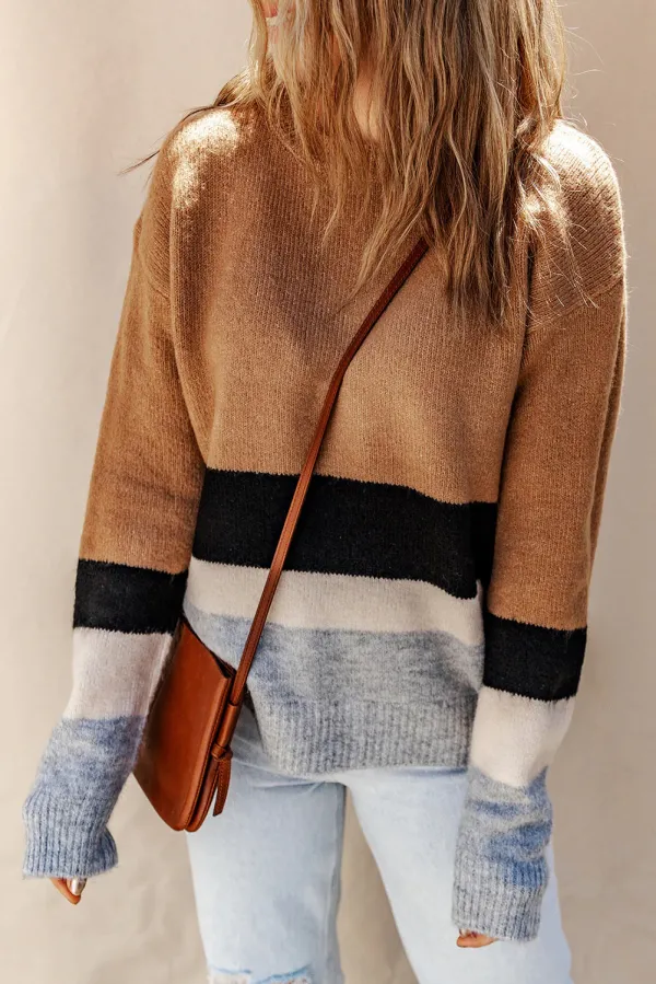 Brown Colour Block Striped Ribbed Knit Sweater - Brown / / 70%Acrylic+%Polyamide+%Elastane