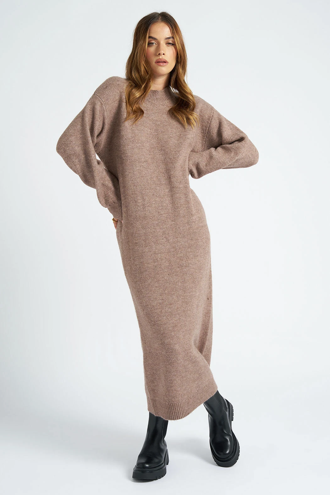 Brown Crew Neck Long Dress White /