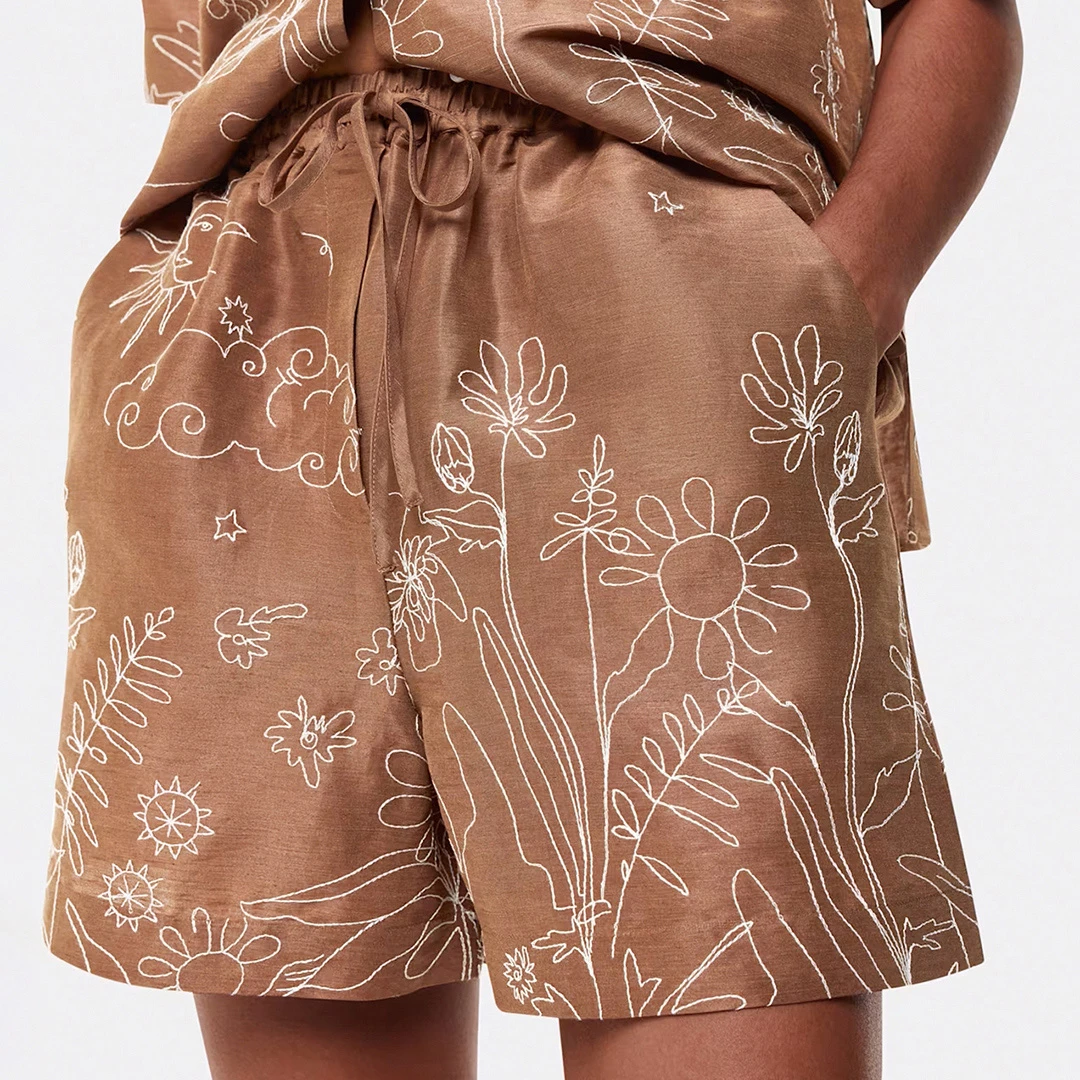 Brown Embroidered Scribble Short