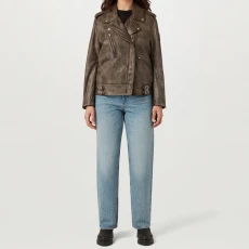 Brown Ferrous Leather Jacket - Beige