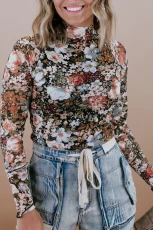 Brown Floral Long Sleeve High Neck Sheath Mesh Blouse - BROWN / / 95%POLYESTER+%ELASTANE