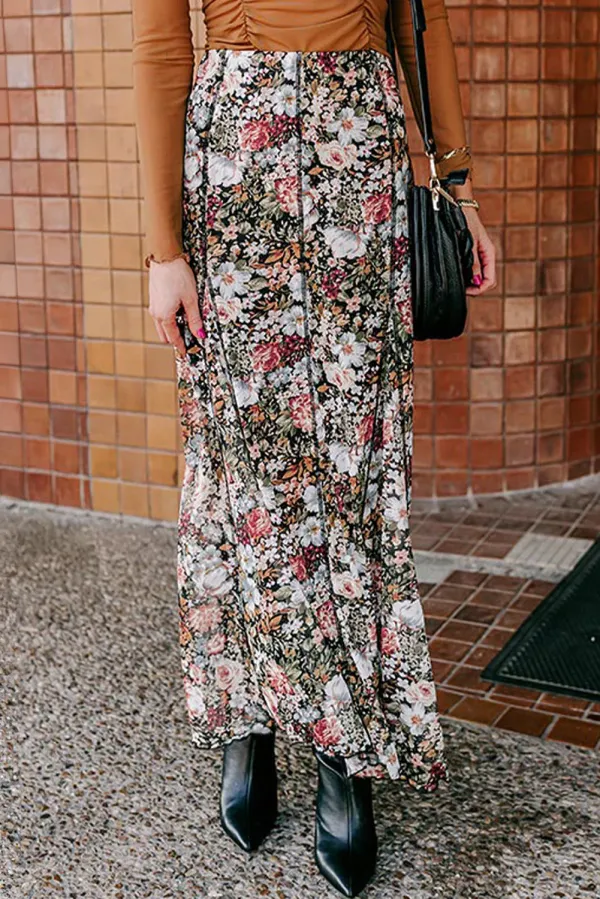 Brown Floral Print High Waist Maxi Skirt - BROWN / / 95%POLYESTER+%ELASTANE - BROWN