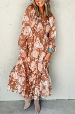 Brown Floral Print Shirred Square Neck High Waist Maxi Dress - BROWN / / 100%POLYESTER Brown Floral Print Shirred Square Neck High Waist Maxi Dress - BROWN / / 100%POLYESTER