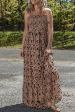 Brown Floral Smocked Bodice High Waist Flowy Sun Dress - Brown / / 100%Polyester