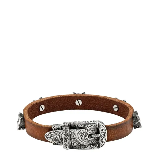 Brown Leather & Silver Forest Wolf Gucci Buckle Bracelet - Size L