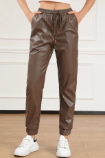 Brown Leather Tie Waist Jogger Trousers - BROWN / / 100%PU Brown Leather Tie Waist Jogger Trousers - BROWN / / 100%PU