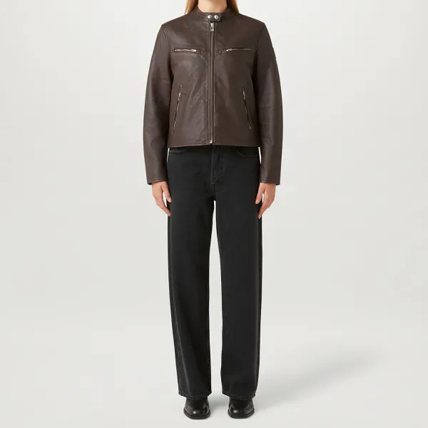 Brown Pine Leather Jacket - Beige