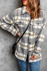 Brown Plaid Print Pocket Women Shacket - BROWN / / 100%POLYESTER