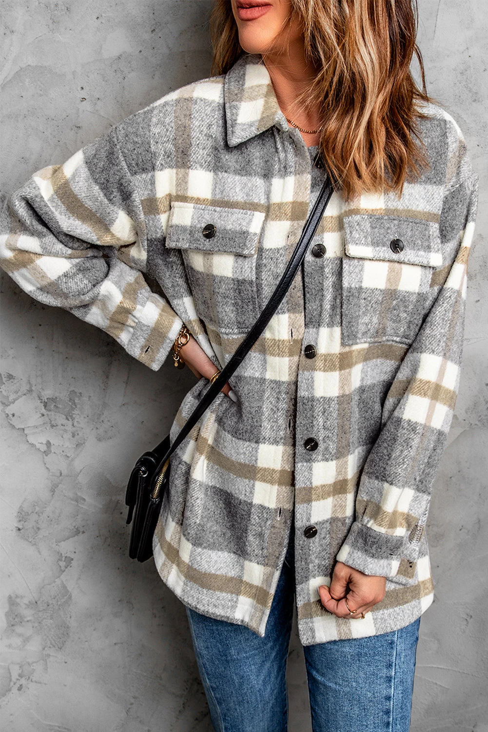 Brown Plaid Print Pocket Women Shacket - BROWN / / 100%POLYESTER
