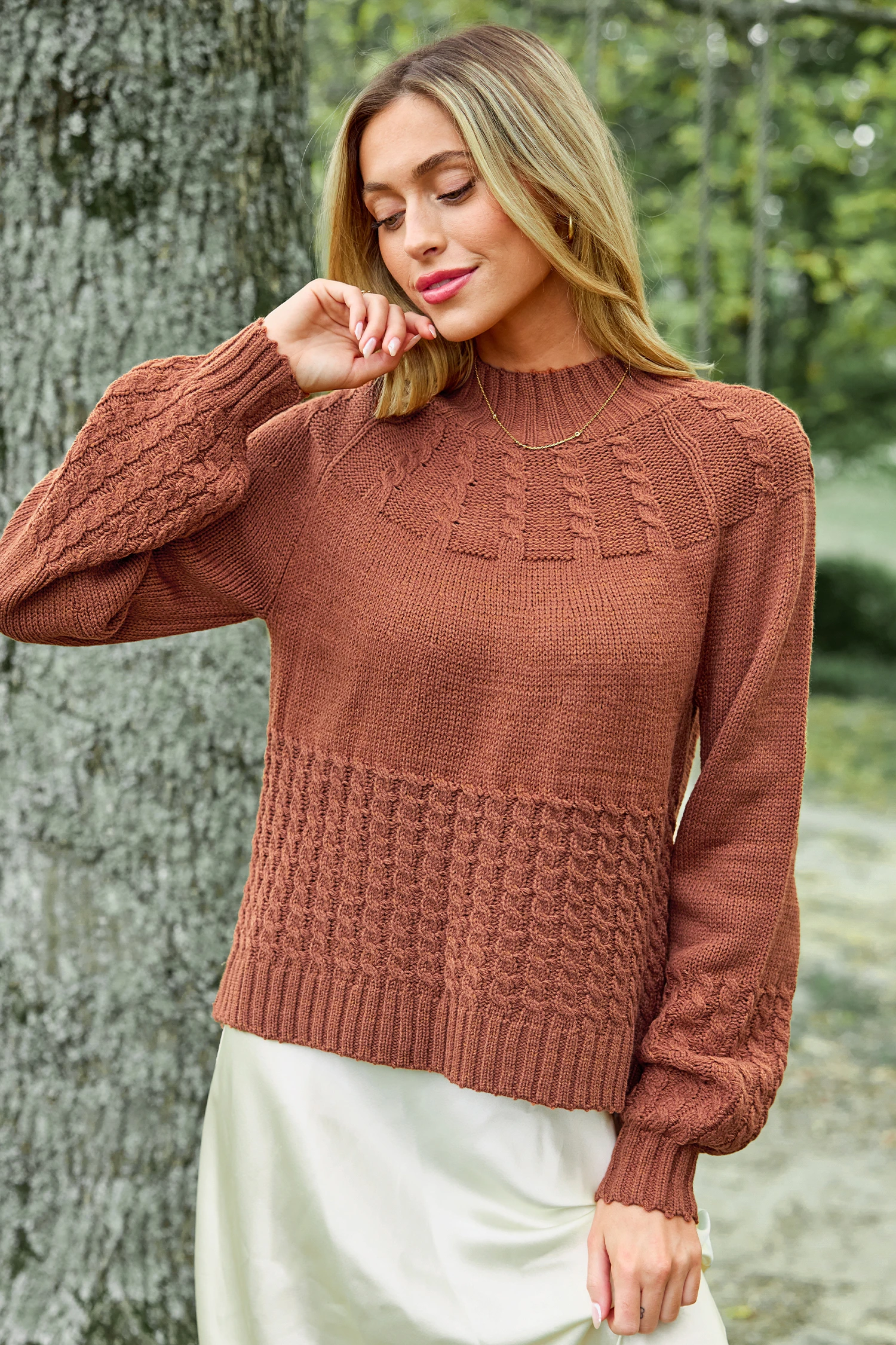 Brown Puff Long Sleeve Mockneck Jumper