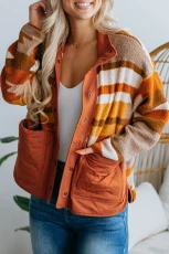 Brown Quilted Patch Pockets Aztec Furry Jacket - BROWN / / 90%POLYESTER+%ELASTANE