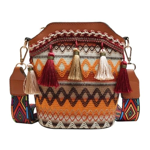 Brown Shoulder Bag Tassel Wide Adjustable Fashion Lady Crossbody Purse Fringe With Strap Removable Woman Small for Folk Bucket Bag Girls Brown and Shoulder Embroidered Style Womens Sling Bag