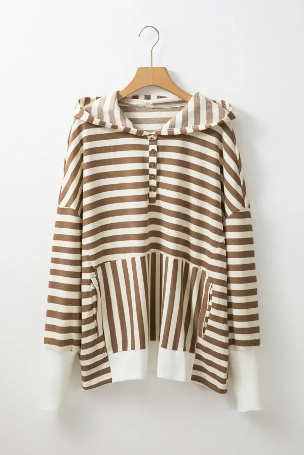 Brown Stripe Quarter Buttons Drop Sleeve Plus Size Hoodie - BROWN STRIPE / 3X / 65%POLYESTER+%COTTON+%ELASTANE