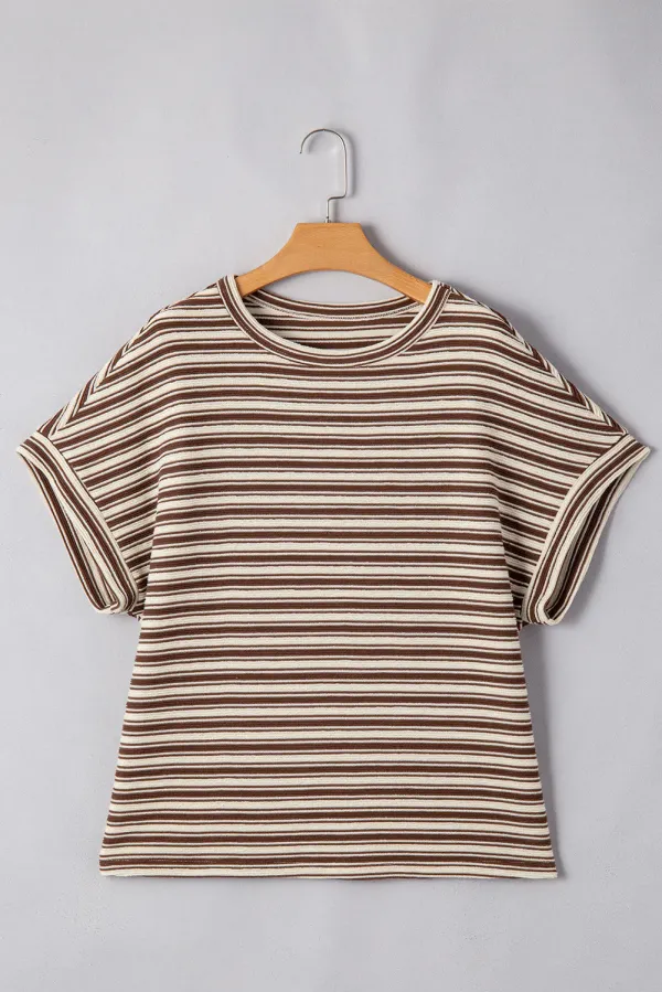 Brown Stripe Textured Side Slits Crew Neck T Shirt - Brown Stripe / / %Polyester+%Cotton - Brown Stripe