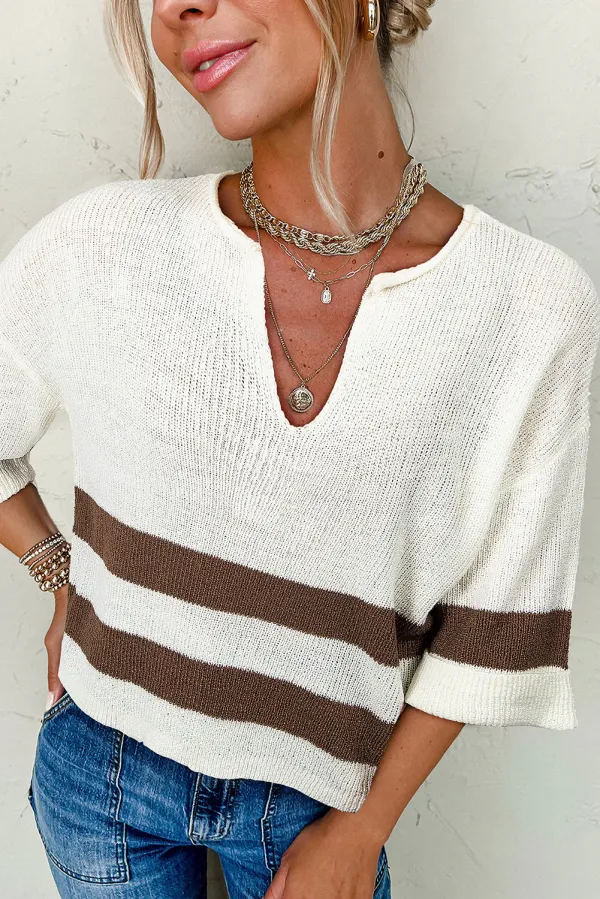 Brown Striped Accent Notched V Neck Cropped Sweater - BROWN STRIPE / / 100%ACRYLIC - BROWN STRIPE