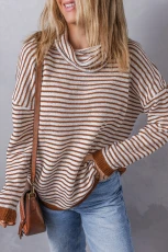 Brown Striped Turtleneck Loose Sweater - BROWN / / 100%POLYESTER