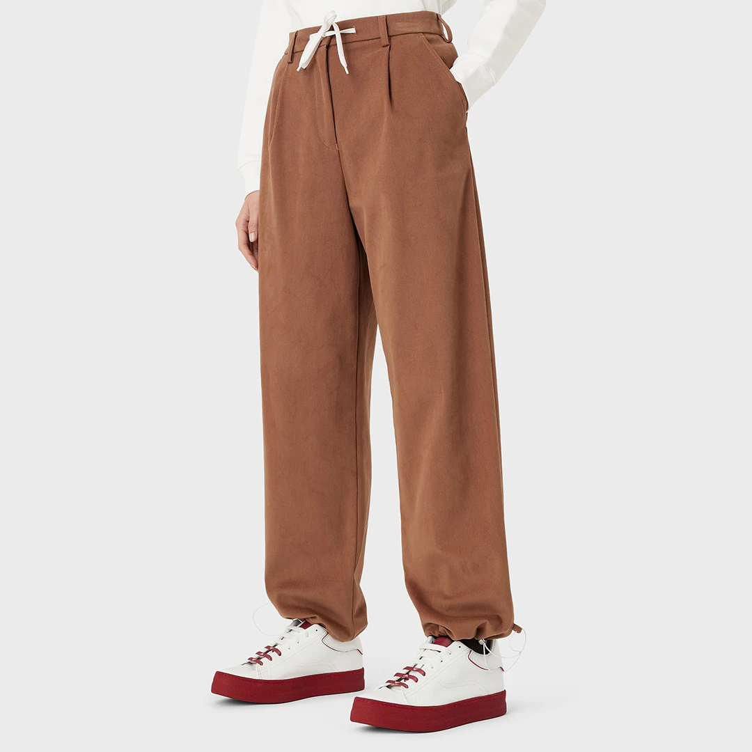 Brown Tie Waist Cotton Blend Trousers - Beige