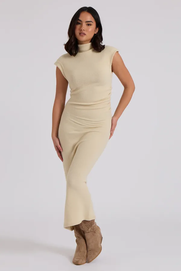 Brushed Cream Jersey Maxi Ruched Dress L