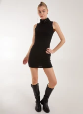 Brushed Sleeveless Polo Neck Mini Dress  - 10  - Black