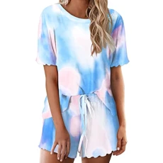 Brushed Tie Dye Crew Neck Jumper Women's Pyjama Pants 3/4 Length, lightblue, S