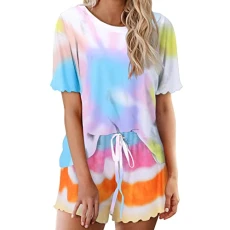 Brushed Tie Dye Crew Neck Sweater Women's Pyjamas Sexy Sleepwear Set Women, blue, L