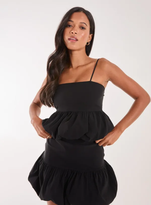 Bubble Hem Strappy Top - S - BLACK