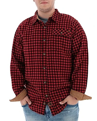 Buck Camp Flannel, Long Sleeve Plaid Button Down Casual Shirt for Men, with Corduroy Cuffs, Mini Buf