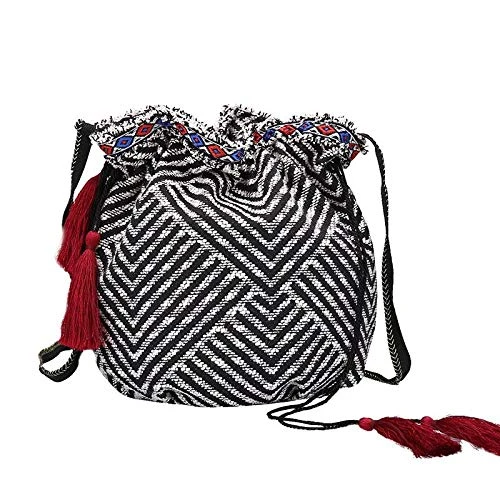 Bucket Shoulder Lady Messenger Bag Striped Cloth Tassel Handbag (Twill Black White)